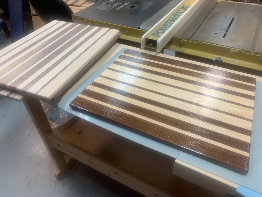 Paul D Goodman, work in progress 2 large moiré style cutting boards, walnut and maple wood, Oct 2021